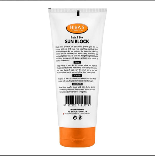 Hiba,s Collection Bright & Glow Sun Block SPF 60+,150ml