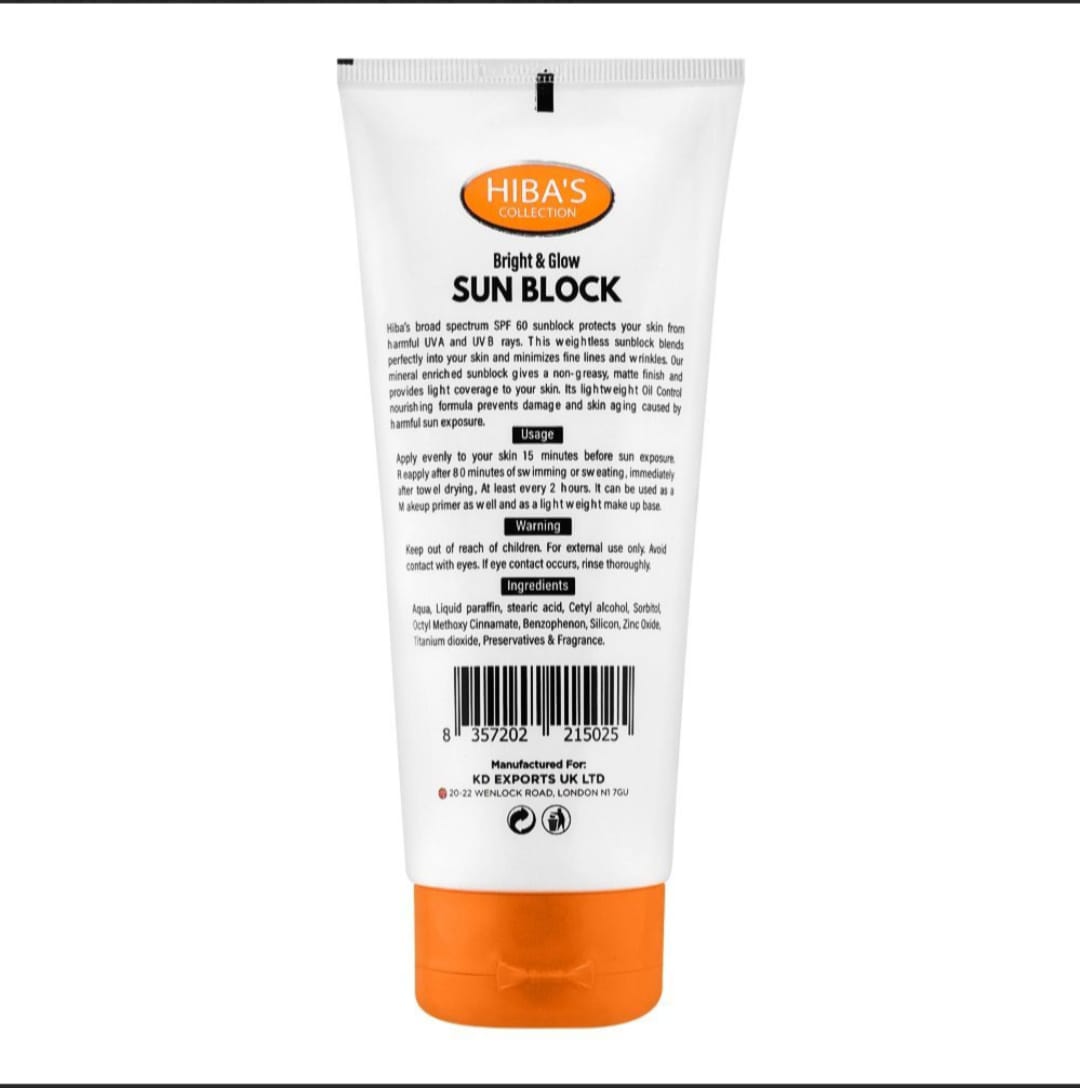 Hiba,s Collection Bright & Glow Sun Block SPF 60+,150ml